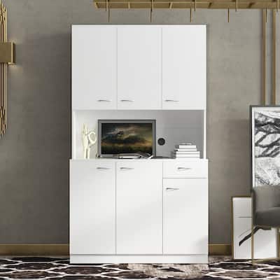 White Wardrobe / Kitchen Cabinet with Open Shelves and Drawer
