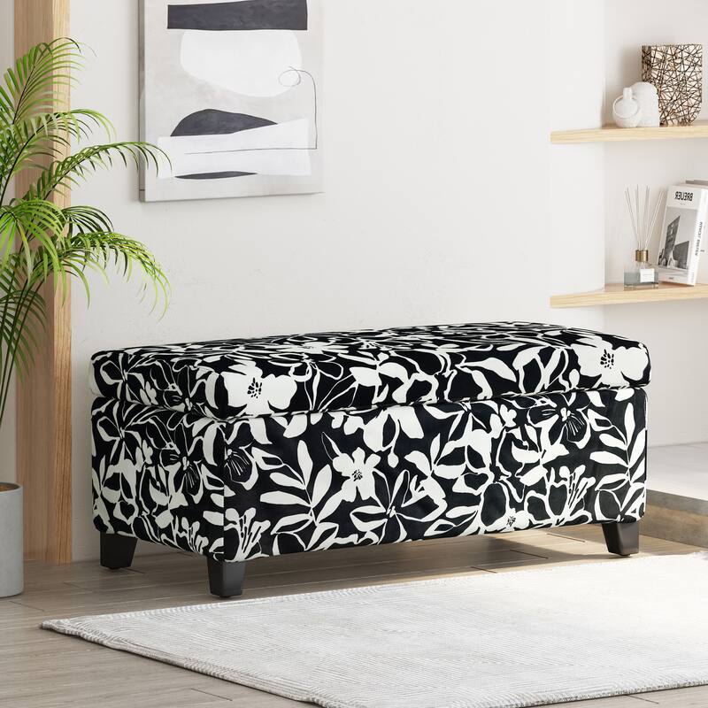 Roomfitters Upholstered Storage Ottoman Bench with Hinged Lid, Floral Fabric Accent Seat for Living Room or Bedroom - Black Floral,White