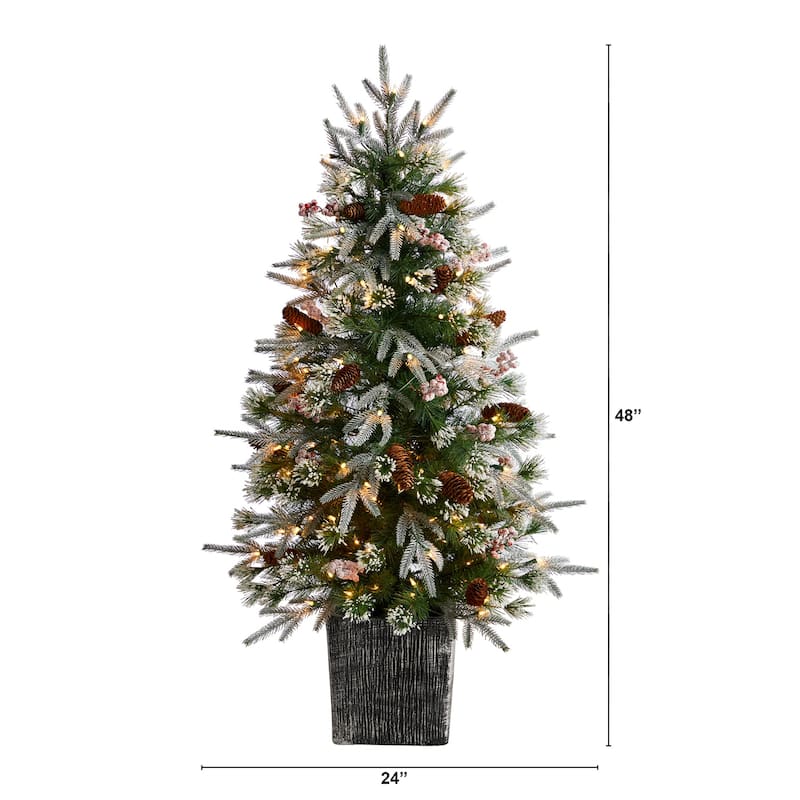 4Ft Frosted Christmas Tree with Lights & Berries - Holiday Decor Indoor Tree in Planter - Green - 48