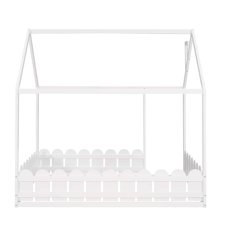 Full Size Wood House Bed Frame with Fence for Kids and Teens, White