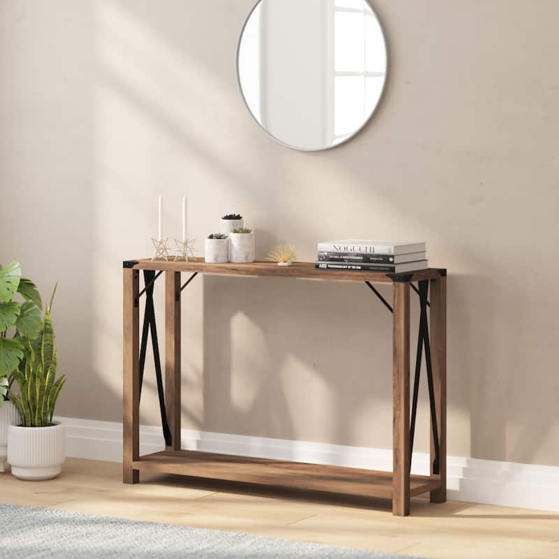 2-Tier Console Table with Metal Side Braces and Corner Caps - Rustic Oak