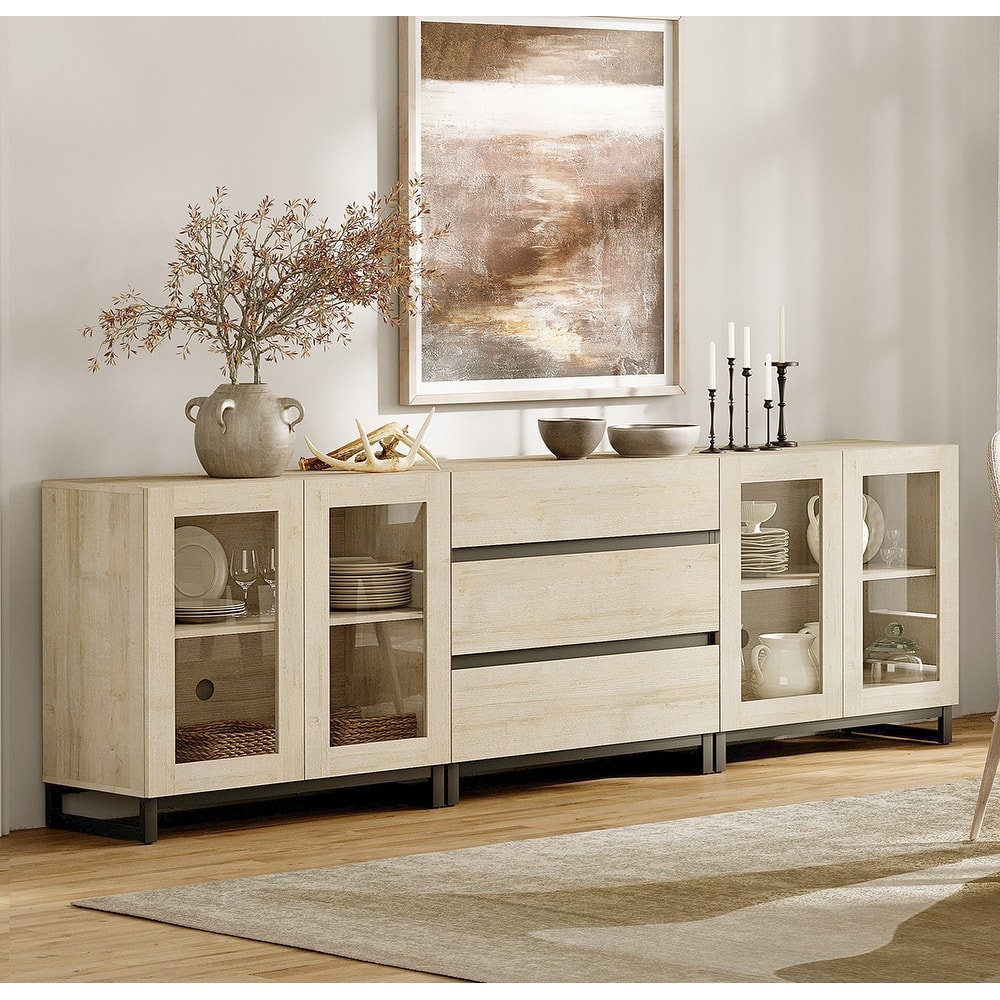 WAMPAT 3 in 1 Modern Sideboard with Glass Doors and 3 Drawers, Coffee Bar Cabinet for Kitchen