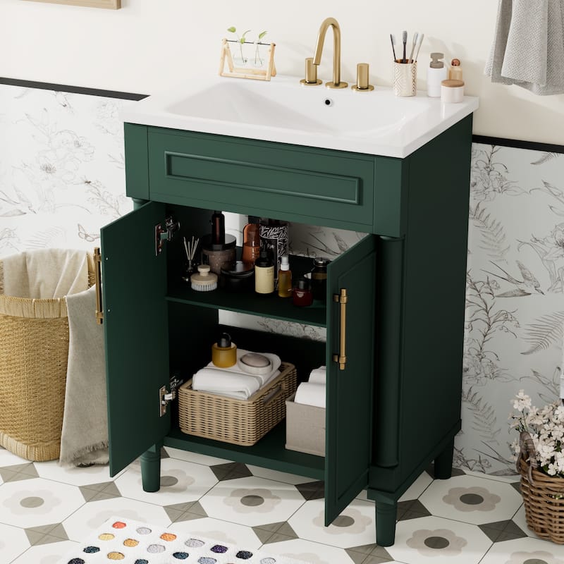 24" Bathroom Vanity with Integrated Ceramic Sink, Bathroom Cabinet with 2 Doors, Single Sink Bathroom Vanity