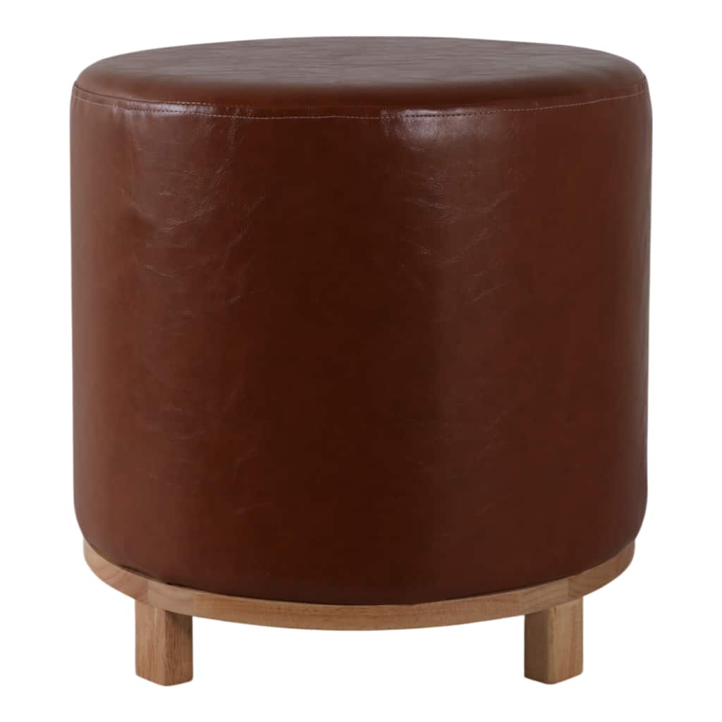 Leather and Pine Wood Ottoman Round Design Seating Accent - 18" Brown