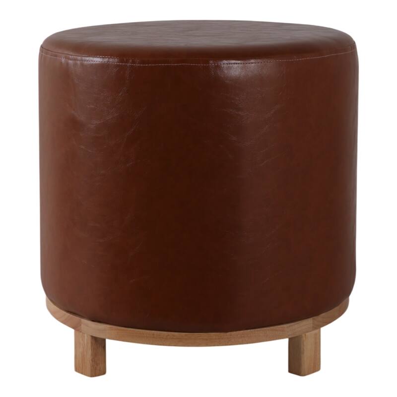 Leather and Pine Wood Ottoman Round Design Seating Accent - 18" Brown - 18" x 18" x 18" - Brown