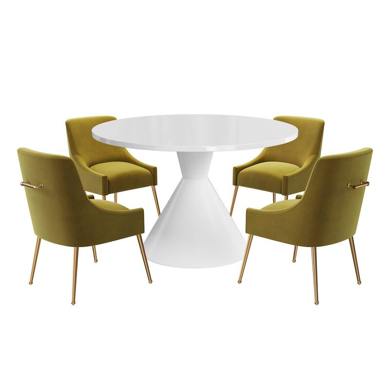 48" Light Luxury White High Gloss Large Countertop Dining Table with Velvet Dining Chair Set - Dark Green