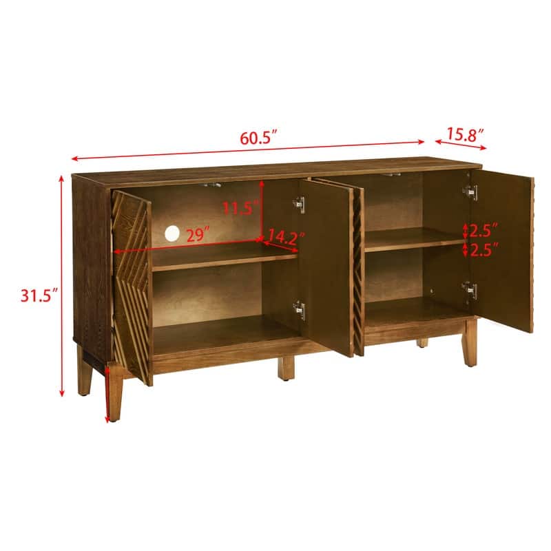 60.5" Farmhouse Fluted Sideboard – Mid-Century Modern TV Stand with Geometric Design & Adjustable Shelves for Living Room.