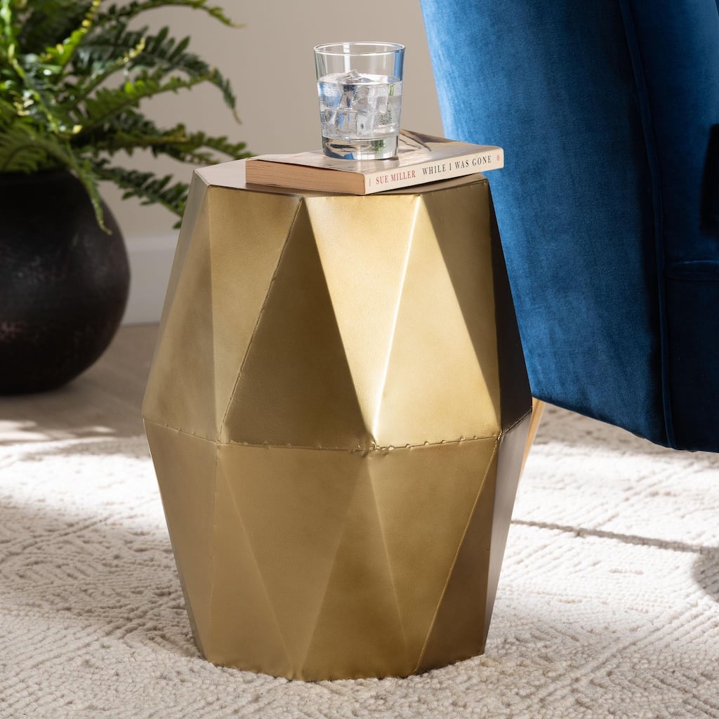 Salman Geometric Bronze Metal Accent Table - Faceted Modern Side Table for Indoor or Semi-Outdoor Use