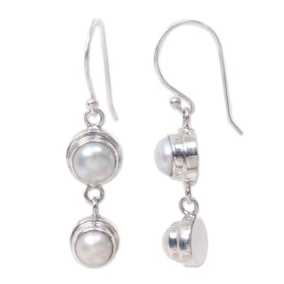 Handmade Two Full Moons Freshwater Pearls Bridal Dangle Earrings (Bali)