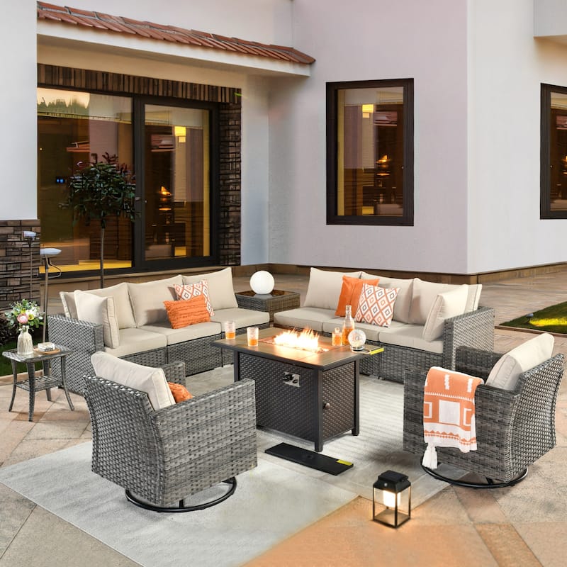 HOOOWOOO 11-piece Rattan Wicker Outdoor Furniture Set Swivel Chairs with Fire Pit - Beige