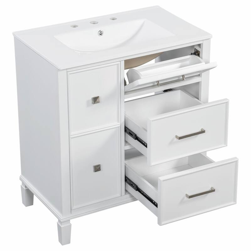 30" Bathroom Vanity with Ceramic Sink, Flip-Out Plumbing Drawer, Soft Close Doors & Drawers