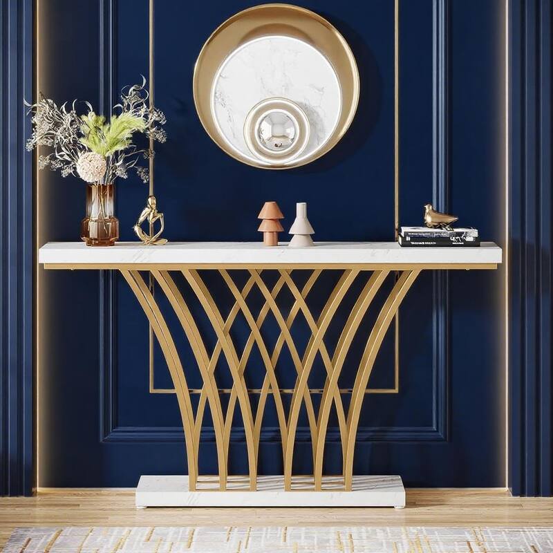 White-Gold Metal and MDF Console Table with Faux Marble Top and Shelf - 59.06” L x 11.81 W x 31.50 H