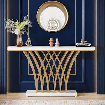 White-Gold Metal and MDF Console Table with Faux Marble Top and Shelf - 59.06” L x 11.81 W x 31.50 H