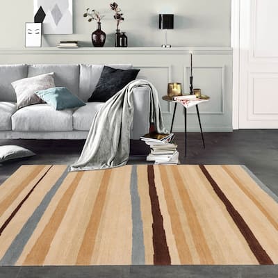 Hand Knotted Tibetan Beige,Tan Striped Wool Modern Oriental Area Rug - 3' x 5'