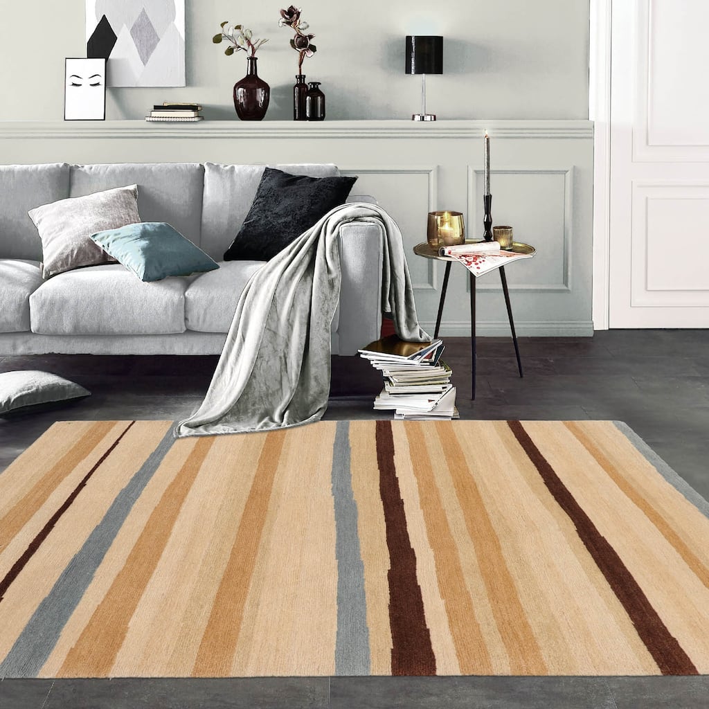 Hand Knotted Tibetan Beige,Tan Striped Wool Modern Oriental Area Rug - 3' x 5'