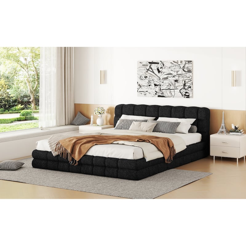 Queen Size Upholstered Platform Bed in Black with Headboard and Sturdy Construction