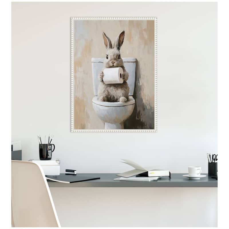 Kate and Laurel Sylvie Cute Bunny Toilet Paper Roll Toilet Bathroom Art Framed Canvas by The Creative Bunch Studio
