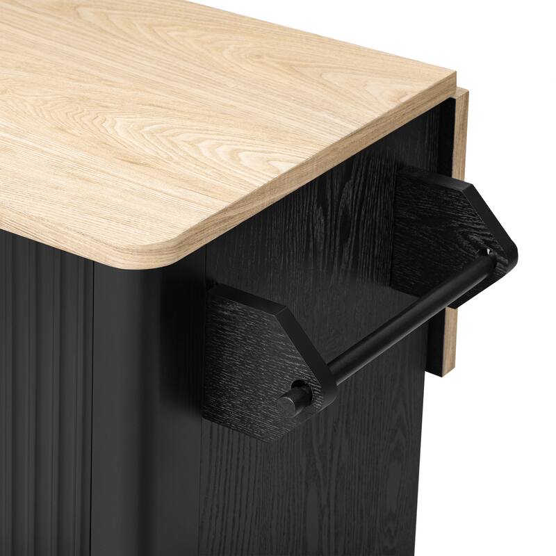 Farmhouse Accent Fluted Kitchen Island with Drop Leaf, Internal Storage Rack & Towel Rack, Rolling Kitchen Cart for Dining Room