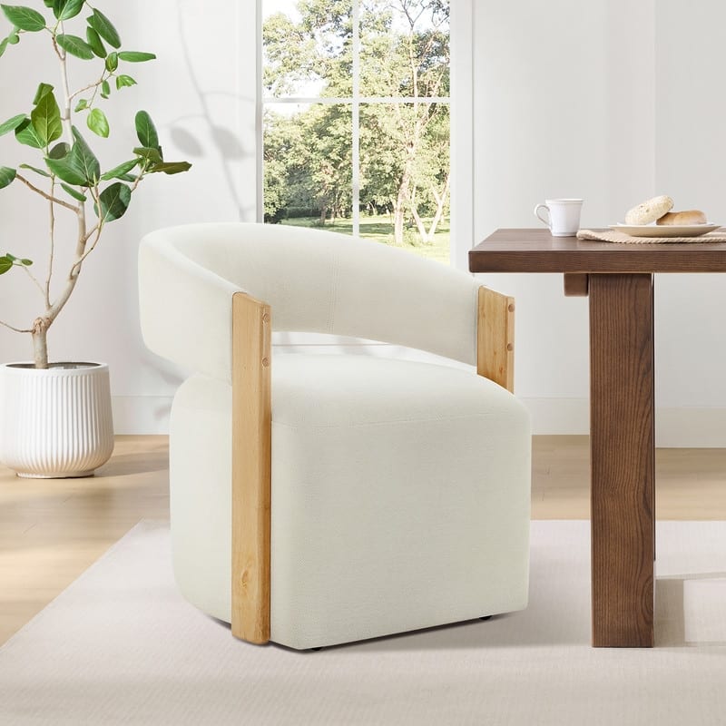 Spruce & Spring Nova Modern Upholstered Dining Chair with Casters & Wood Armrests - Single - Beige