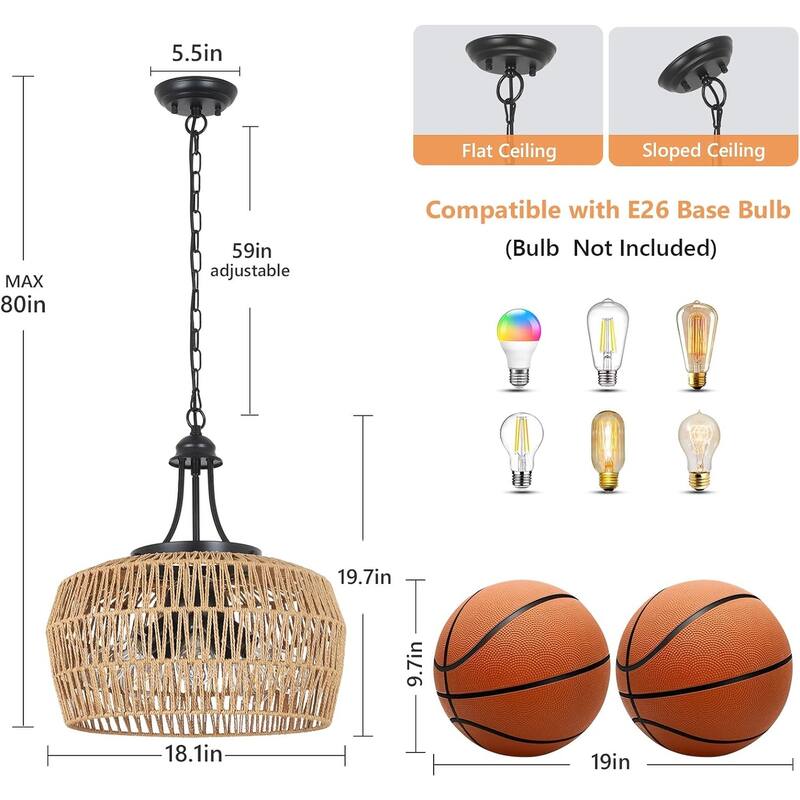 5-Light Rattan Boho Chandelier Light Fixture with Wicker Lampshade