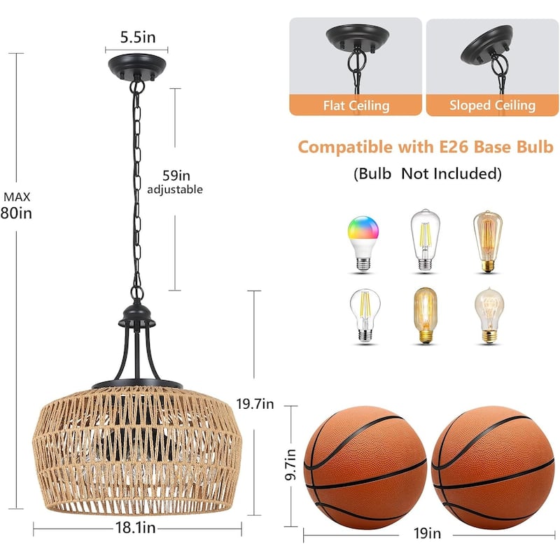 Rattan Chandelier Light Fixture, Hanging Pendant Lighting for Kitchen Island, 5-Light Chandeliers with Wicker Lampshade