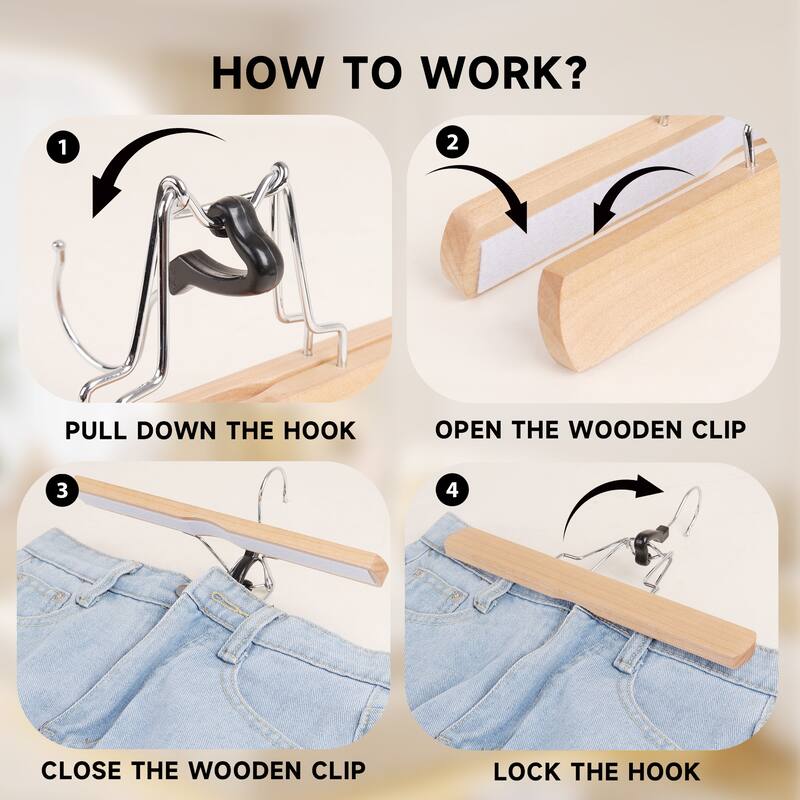 BP4U Wooden Pants Hangers with Felt Lining, Solid Wood Skirt Hangers for Trousers, Jeans, Shorts, Delicate Fabrics