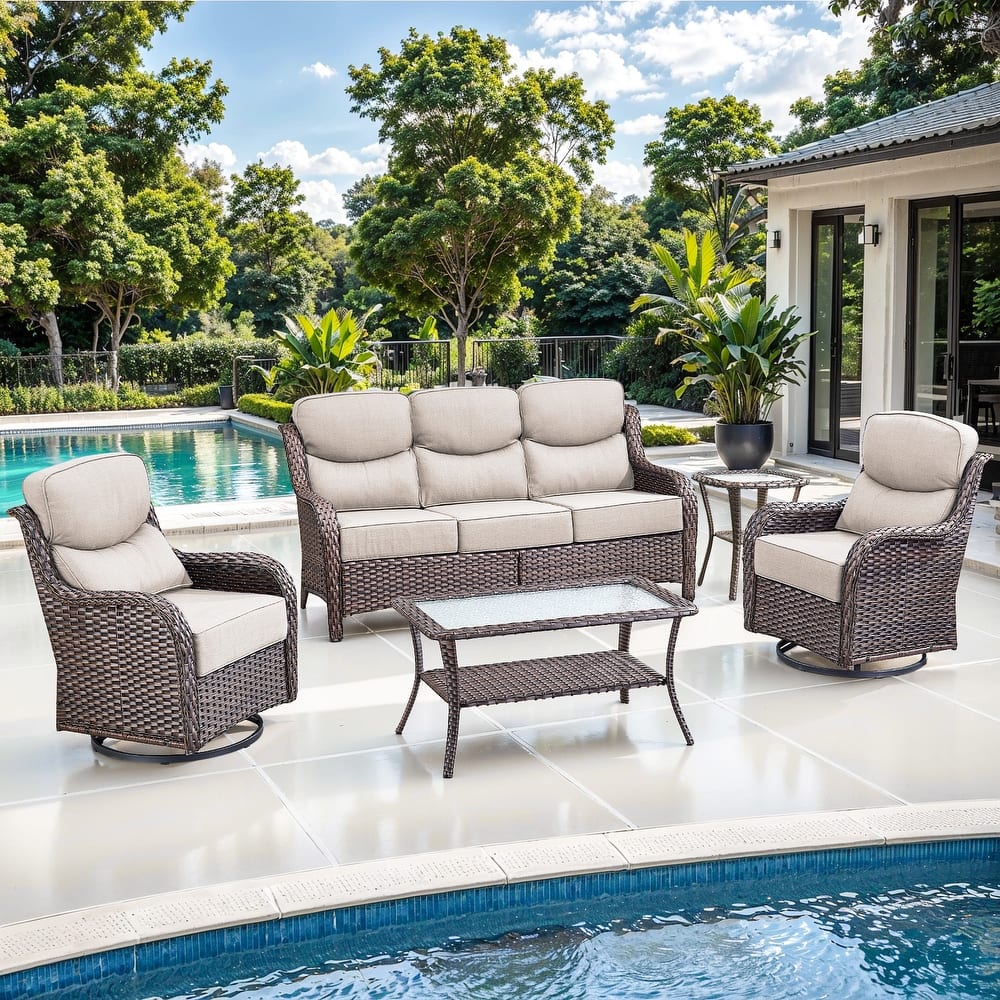 Gymojoy 5-Piece Patio Furniture Set with Swivel Glider Chairs, 6-Inch Ultra-Plush Cushions & Water-Resistant Olefin Fabric