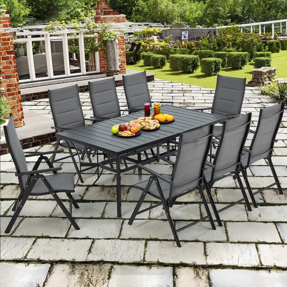 Versatile Outdoor Dining Sets w Swivel/Folding Chairs & Steel Slat Table and HDPE Dining Table Set for Gardens, Patios