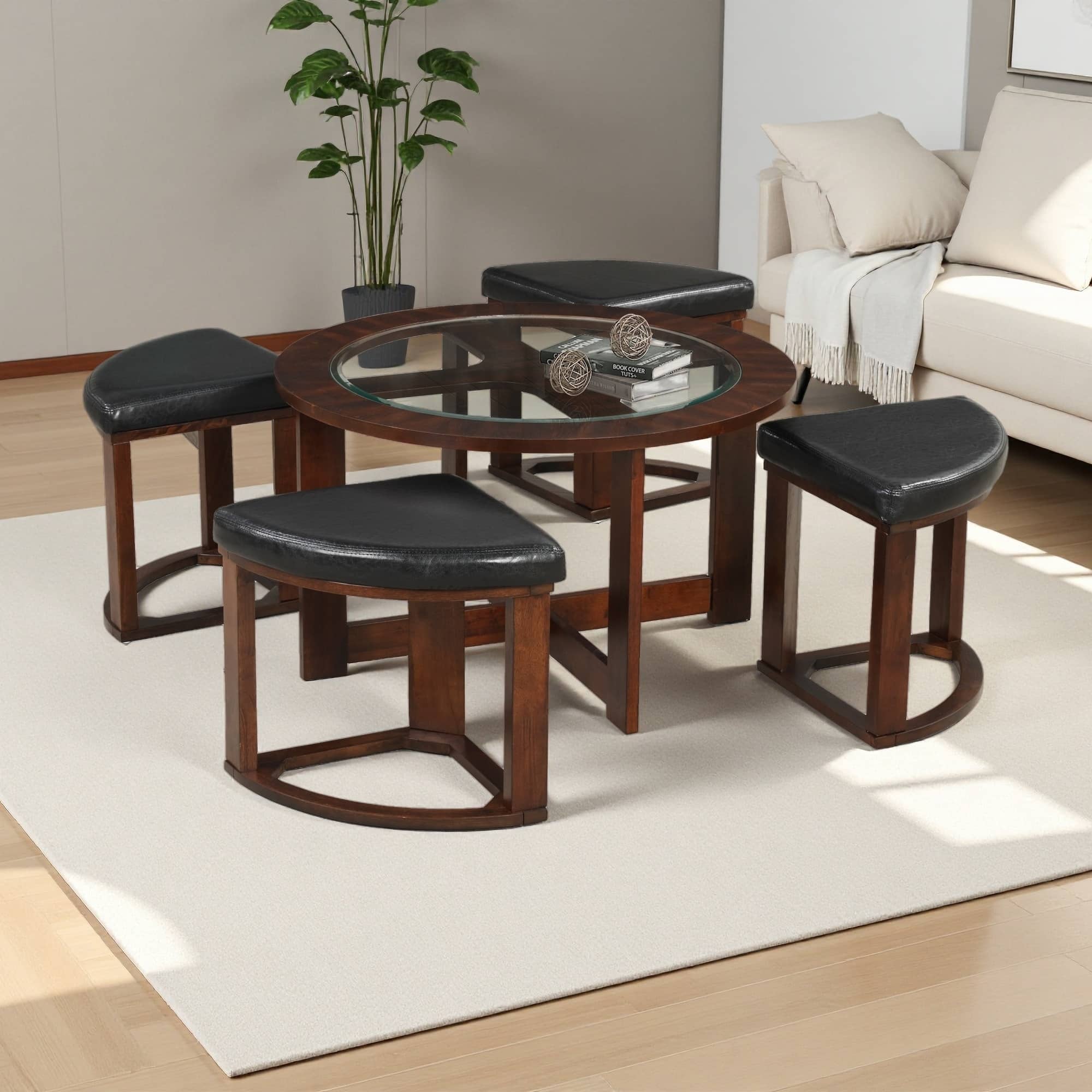 Wood & Glass Coffee Table Set with 4 Stools and Storage