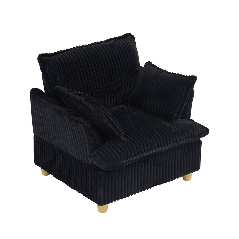 Single-seat Corduroy Sofa with Ottoman and Throw Pillows, 60x36x34 inches, Black