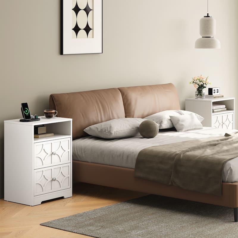 Large Night Stand with 2 Drawers and Charging Station