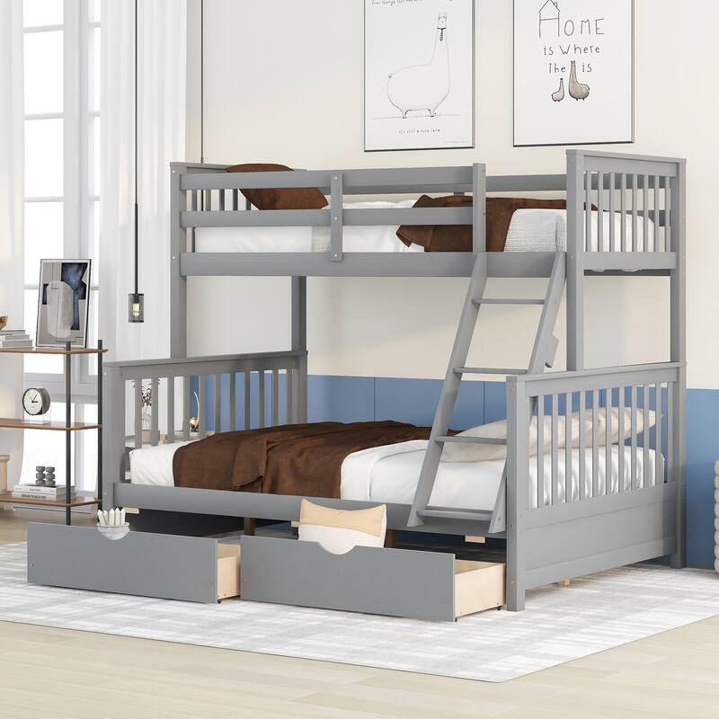 Twin-Over-Full Bunk Bed with Ladders and Two Storage Drawers in Gray - Gray