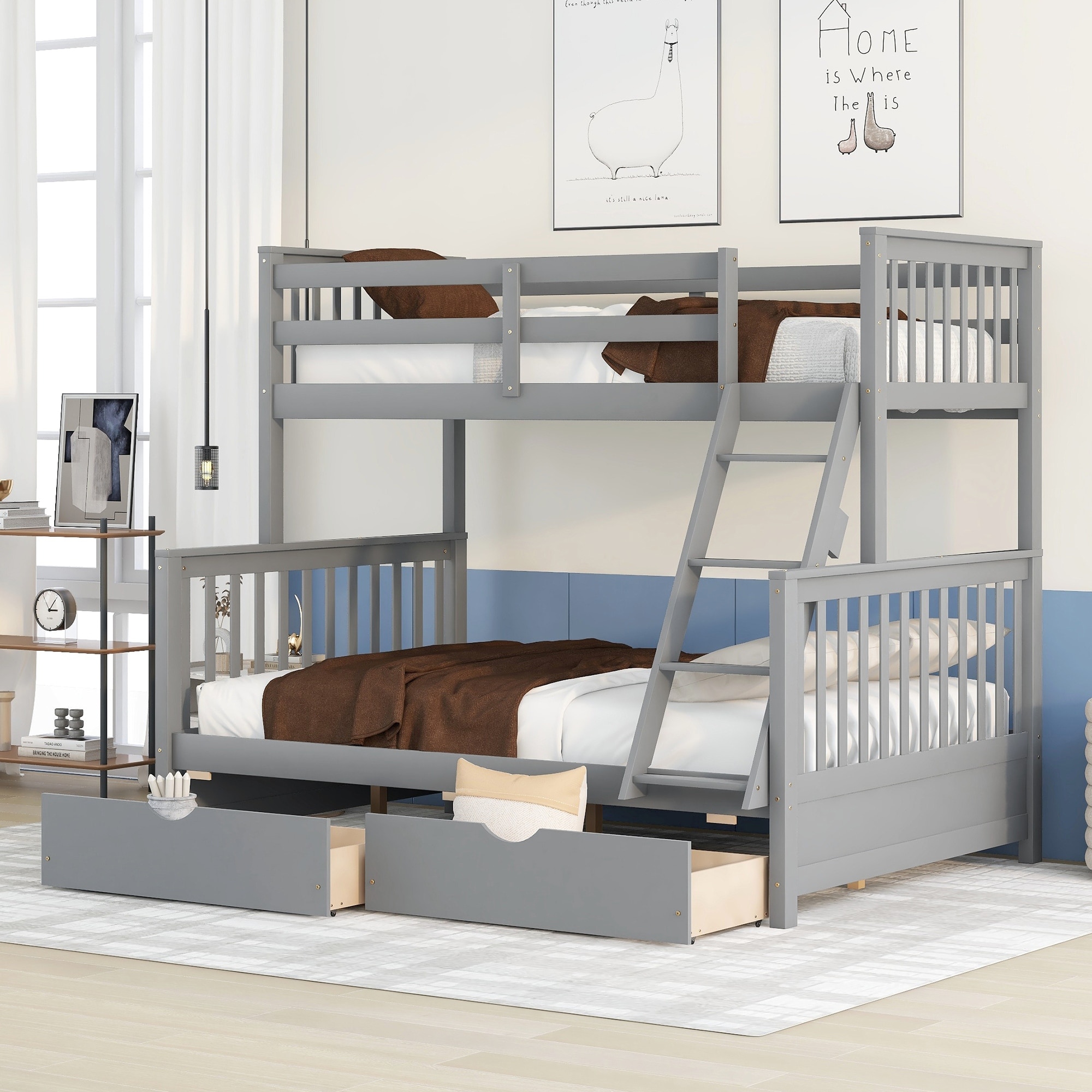 Twin-Over-Full Bunk Bed with Ladders and Two Storage Drawers in Gray