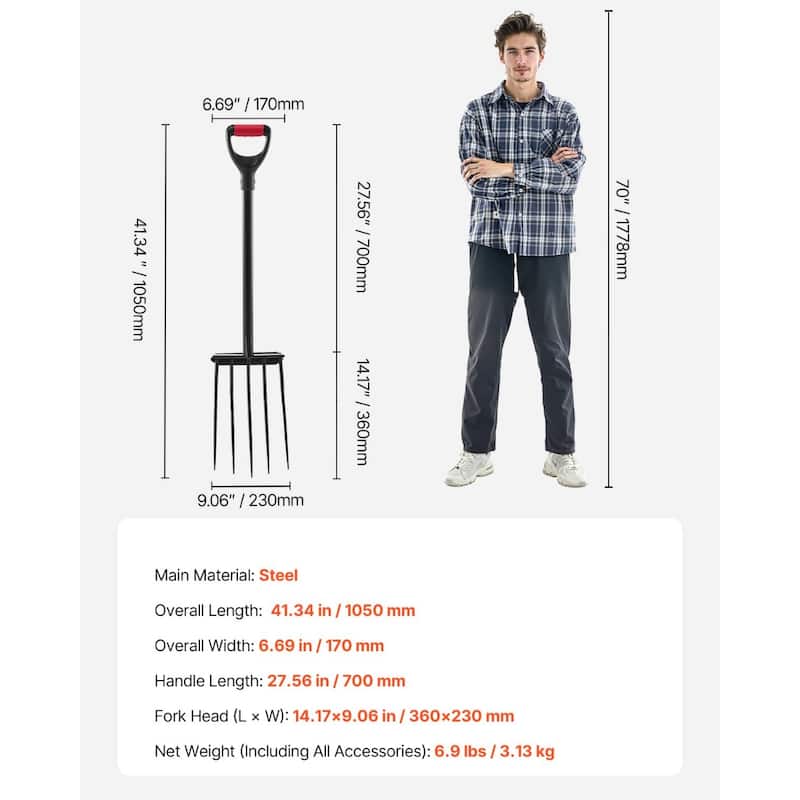 Black Steel Gardening Fork with Forged Head, Ergonomic Non-Slip Handle and Easy Assembly - 41.34 in x 6.69 in