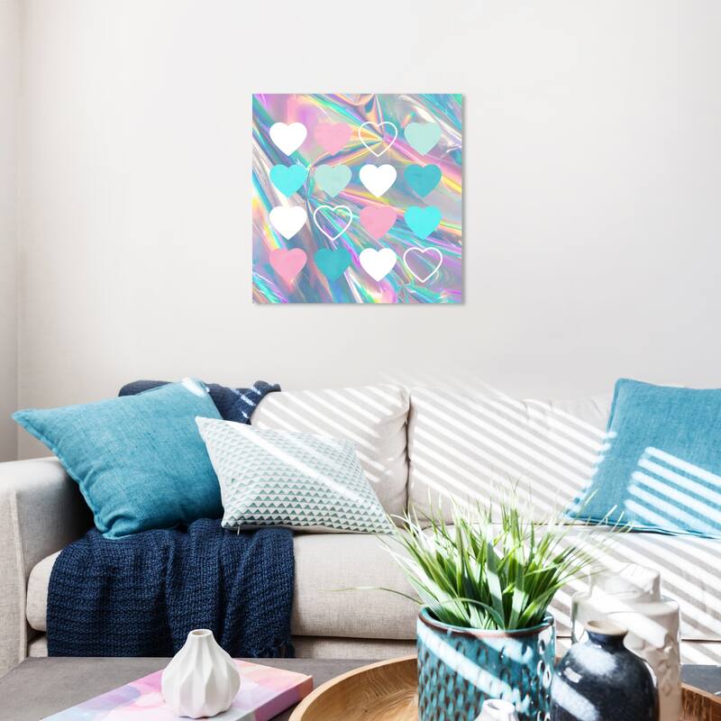 Wynwood Studio Canvas Fashion and Glam Holo Hearts Pink and Turquoise Modern & Contemporary Wall Art Canvas Print - 20 x 20