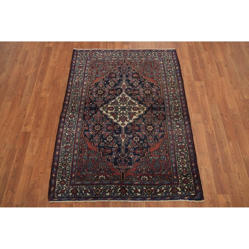 Hand Knotted Oriental 100% Wool Carpet Traditional Floral Navy Blue & Blues Bibikabad Area Rug - 4' 9'' X 3' 7''