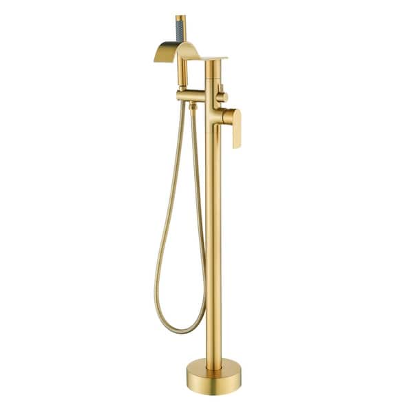 slide 2 of 14, Freestanding Tub Faucet With Hand Sprayer Floor Mount Roman Bathtub Faucet Modern Waterfall Tub Filler Trim With Handheld Showe Brushed Gold