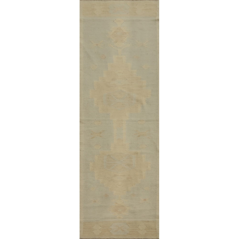 Hand Woven Oriental 100% Wool Carpet Southwestern Tribal Greys & Charcoal Kilim Runner Rug - 7' 9'' X 2' 0''