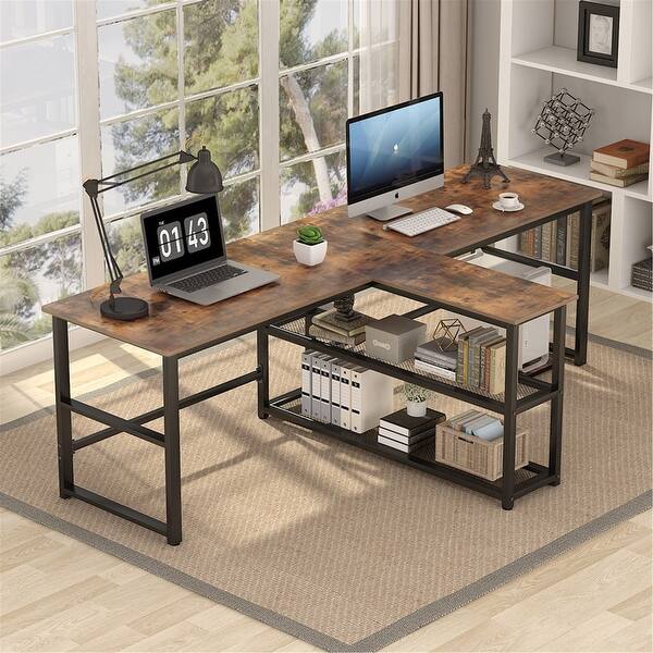 94 5 Inch Computer Desk Extra Long Two Person Desk With Storage Shelves Overstock 31514292 Black