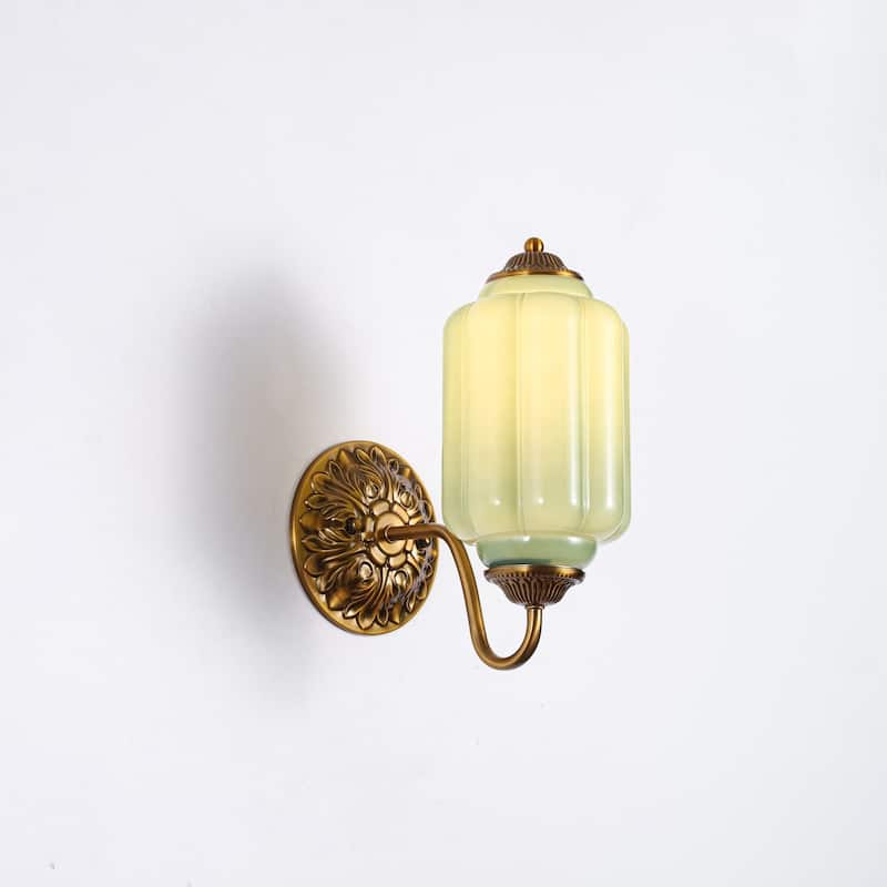 1-Light Vintage Antique Brass Finish Lantern Shaped Wall Light with Opal/Green Glass Shade for Bedroom, Hallways