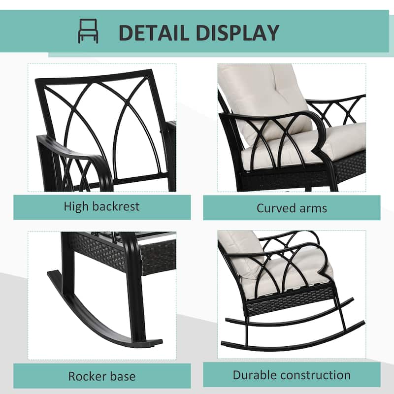 Outdoor Wicker Rocking Chair - Padded Cushions, Aluminum Frame and Armrests, Comfortable Porch Rocker with Armrests
