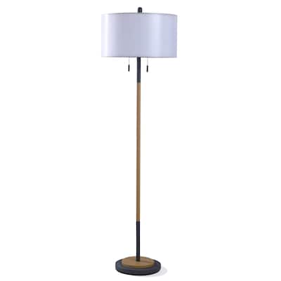 StyleCraft Lari 2-light Black and Wood Floor Lamp with Sheer Clear White Double Drum Shade