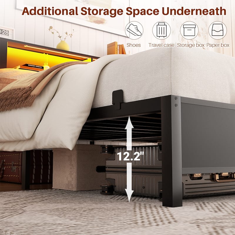 Storage Headboard Platform Bed Frame with Charge Station and LED Light