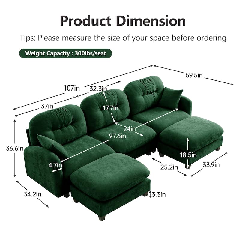 GDF Studio - Nina Modular Modern Chenille U-Shaped Sectional Sofa with Ottoman and 2 Soft Throw Pillows