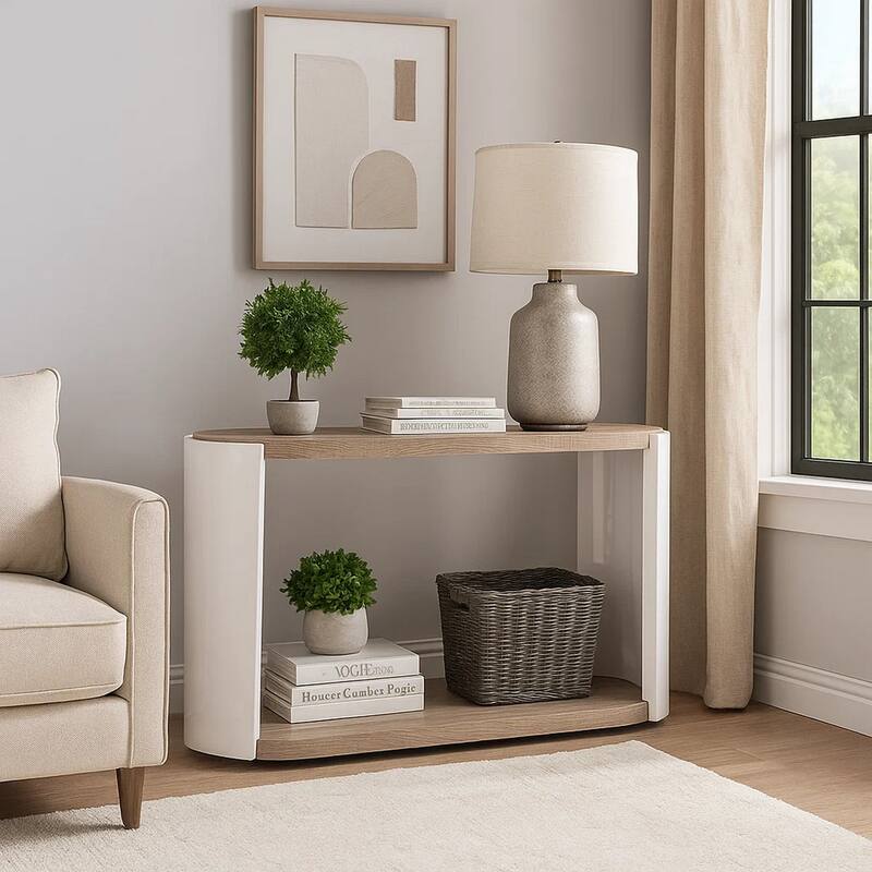 Romani Sofa Console Table, White High Gloss Wood, Brown, Oval 47 Inch