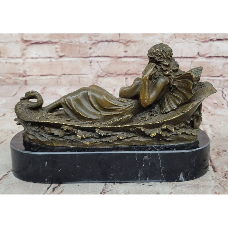 Bronze Fairy And Child In Swan Boat Sculpture On Marble Base