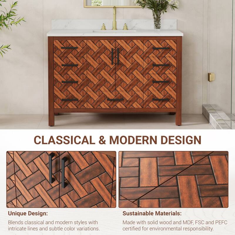 48" Freestanding Bathroom Vanity with Engineered Stone Top, Ceramic Sink, Built-In Power Outlet, and Hair Dryer Storage