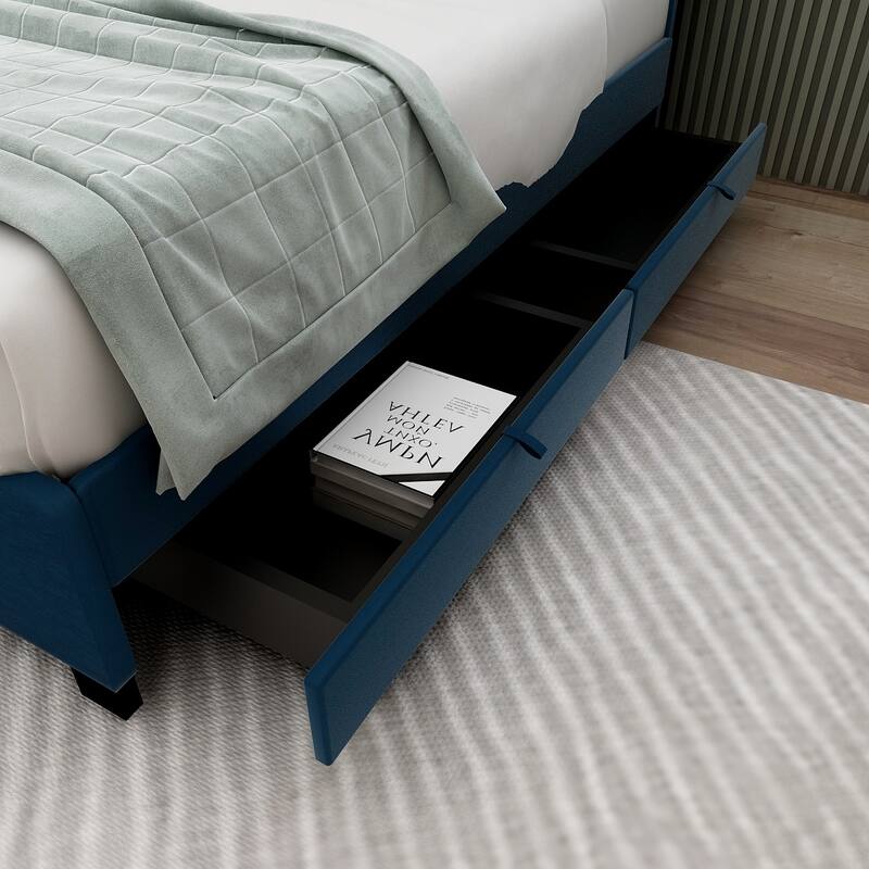 Modern Velvet Queen Bed with Twin Trundle and 2 Storage Drawers in Blue