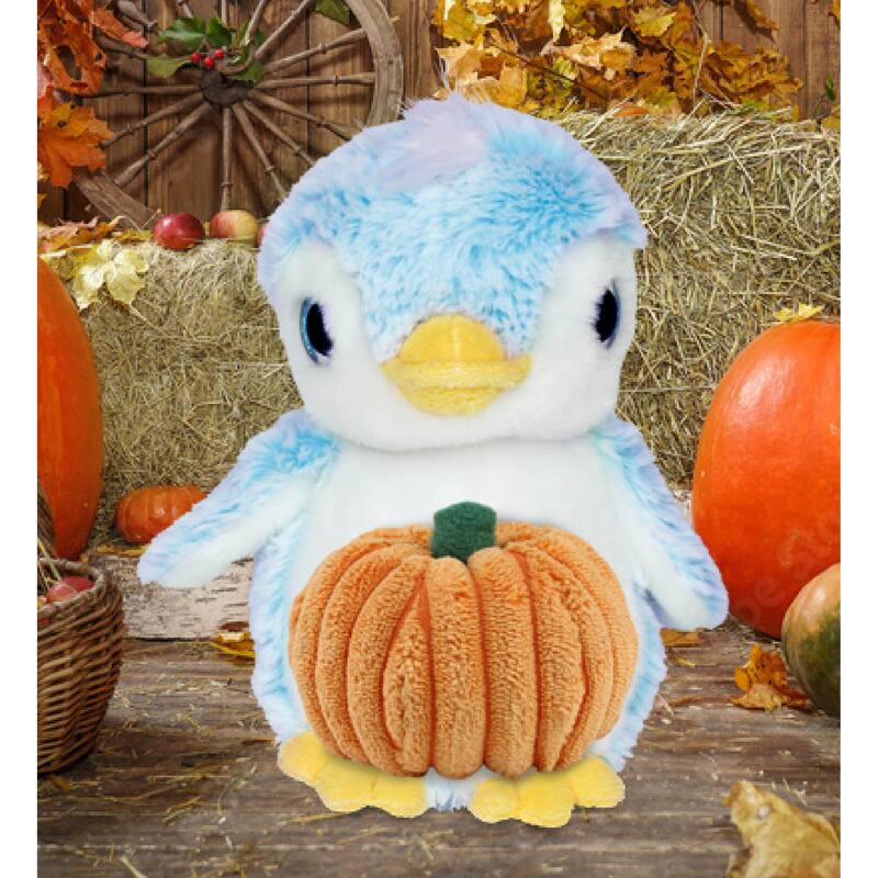 DolliBu Sparkling Eyes Blue Penguin Stuffed Animal with Pumpkin Decor - 6 inches