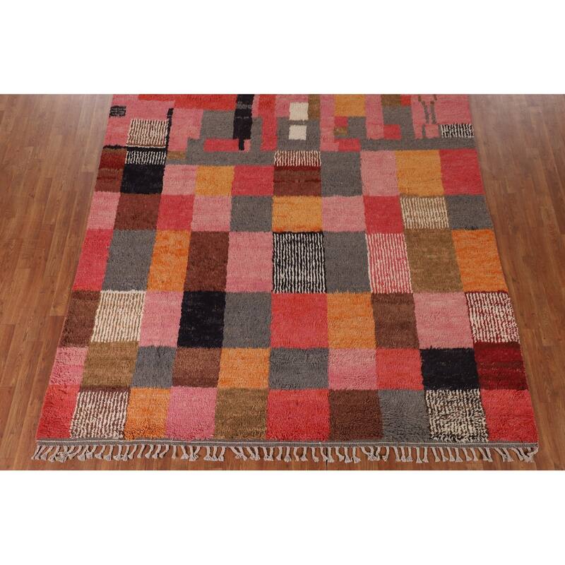 Checkered Moroccan Oriental Area Rug Hand-Knotted Wool Carpet - 7'11" x 10'0"